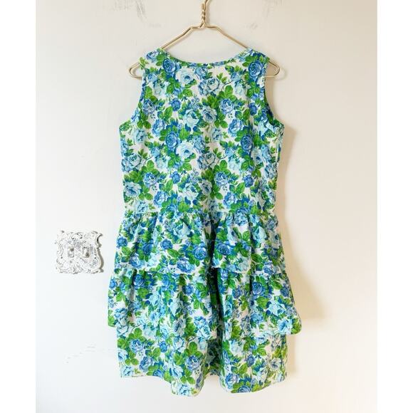 Loungecrest Vintage Blue Floral Rose Drop Waist Tiered Ruffle Cotton Dress L - Picture 3 of 8